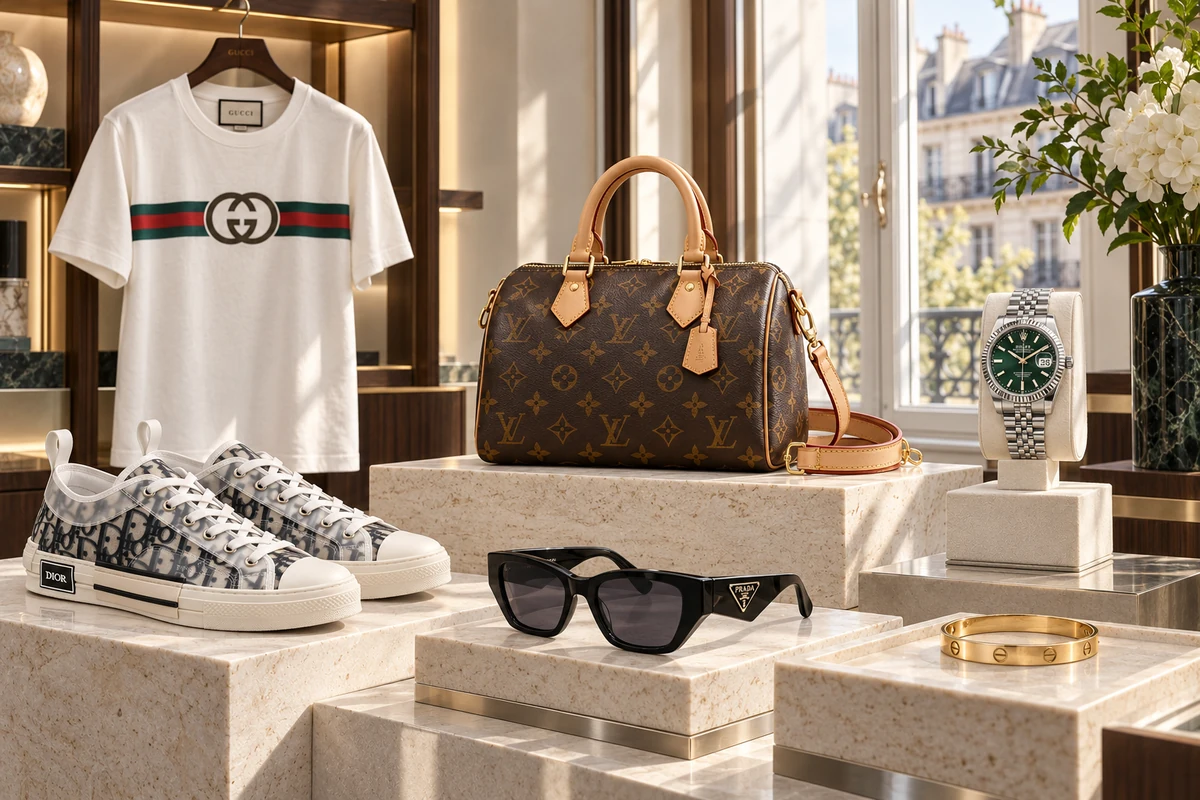 Boutique display of Gucci clothing, Dior sneakers, a Louis Vuitton bag, a Rolex watch, Cartier jewellery and Prada sunglasses